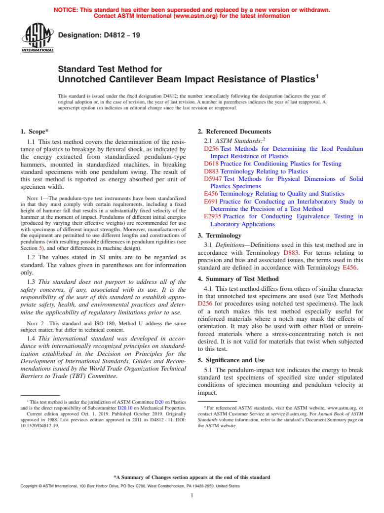 ASTM D4812-19 - Standard Test Method for Unnotched Cantilever Beam Impact Resistance of Plastics