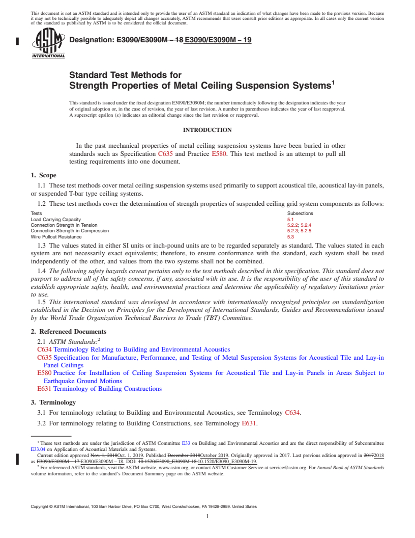 REDLINE ASTM E3090/E3090M-19 - Standard Test Methods for Strength Properties of Metal Ceiling Suspension Systems