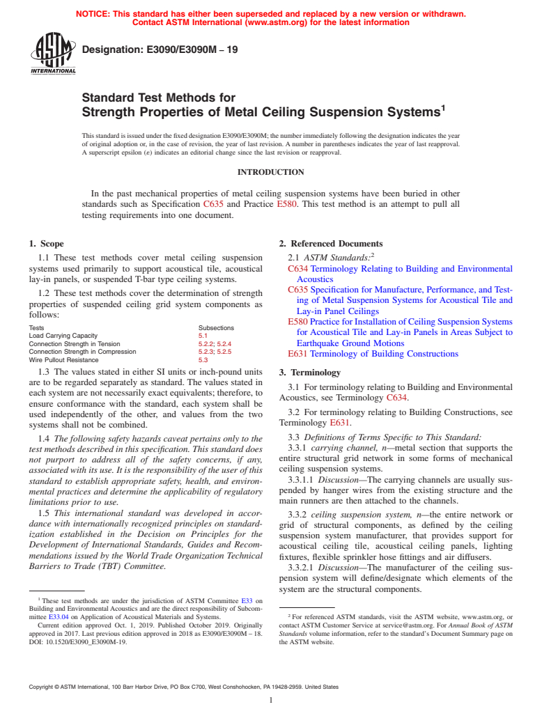 ASTM E3090/E3090M-19 - Standard Test Methods for Strength Properties of Metal Ceiling Suspension Systems