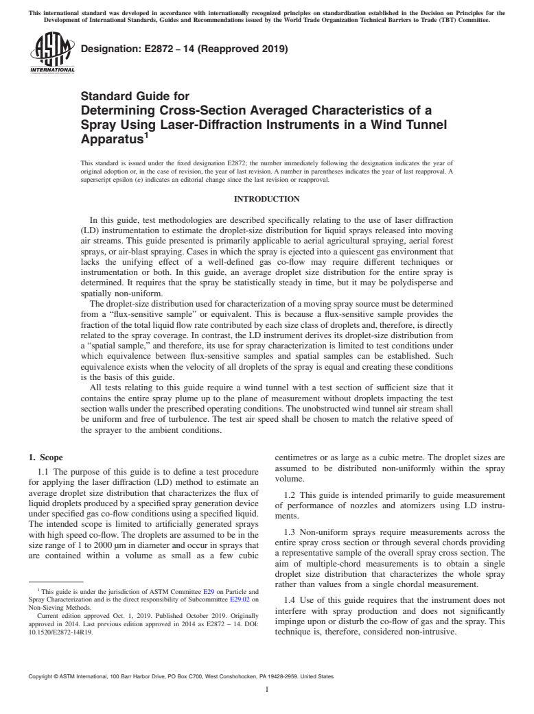 ASTM E2872-14(2019) - Standard Guide for Determining Cross-Section Averaged Characteristics of a Spray  Using Laser-Diffraction Instruments in a Wind Tunnel Apparatus