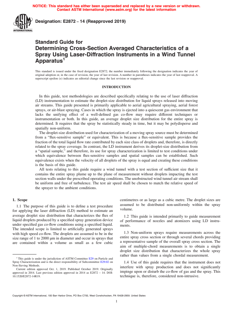 ASTM E2872-14(2019) - Standard Guide for Determining Cross-Section Averaged Characteristics of a Spray  Using Laser-Diffraction Instruments in a Wind Tunnel Apparatus