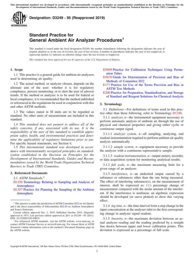 ASTM D3249-95(2019) - Standard Practice for  General Ambient Air Analyzer Procedures