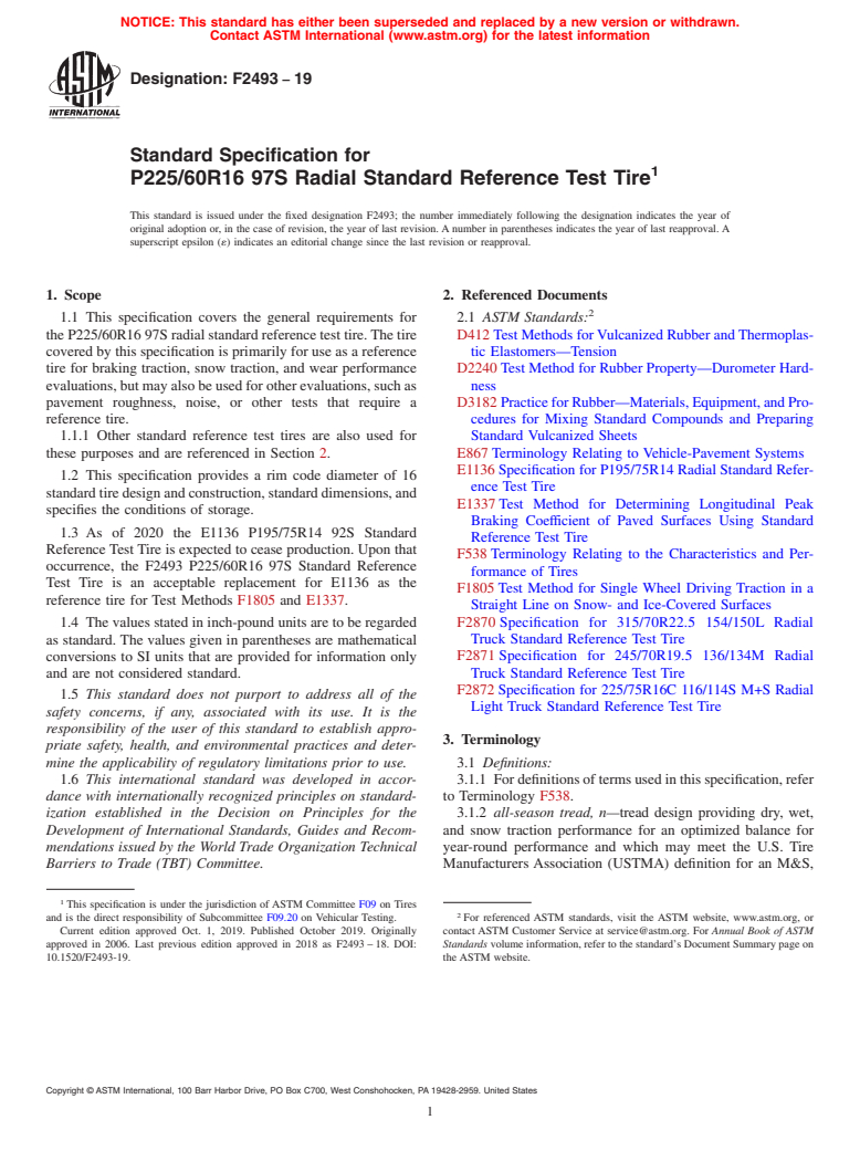 ASTM F2493-19 - Standard Specification for P225/60R16 97S Radial Standard Reference Test Tire