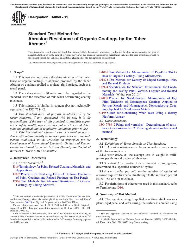 ASTM D4060-19 - Standard Test Method for Abrasion Resistance of Organic Coatings by the Taber Abraser