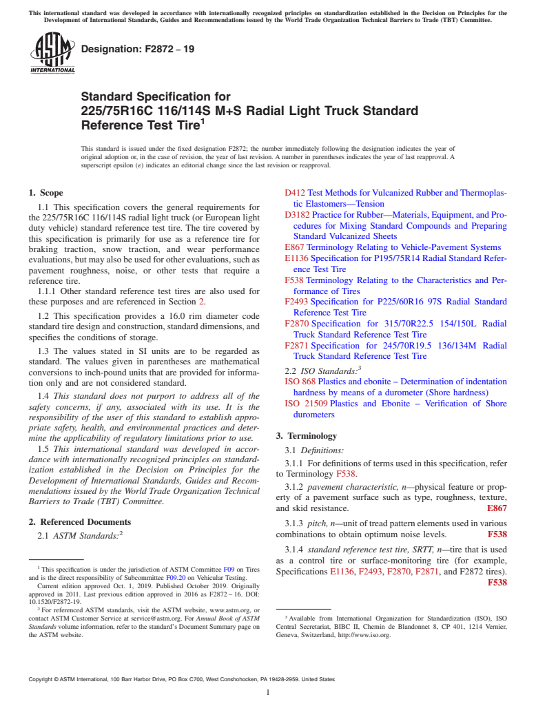 ASTM F2872-19 - Standard Specification for  225/75R16C 116/114S M+S Radial Light Truck Standard Reference  Test Tire