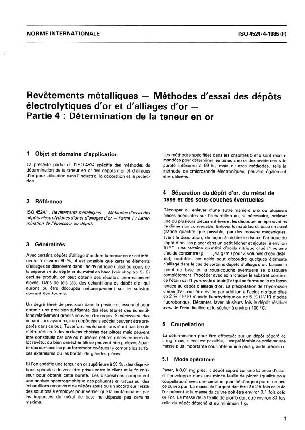 ISO 4524-4:1985 - Revetements métalliques -- Méthodes d'essai des dépôts électrolytiques d'or et d'alliages d'or