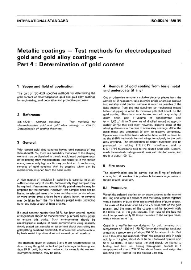 ISO 4524-4:1985 - Metallic coatings -- Test methods for electrodeposited gold and gold alloy coatings
