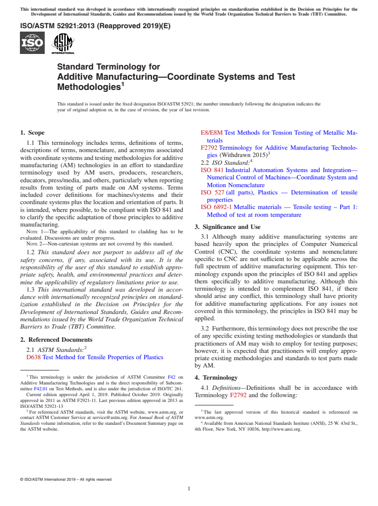 ASTM ISO/ASTM52921-13(2019) - Standard Terminology for  Additive Manufacturing&#x2014;Coordinate Systems and Test Methodologies