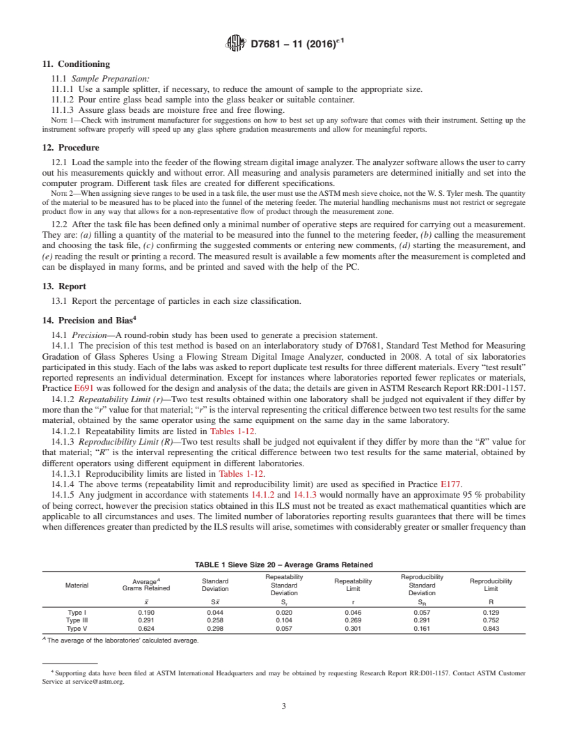 REDLINE ASTM D7681-11(2016)e1 - Standard Test Method for Measuring Gradation of Glass Spheres Using a Flowing Stream   Digital Image Analyzer