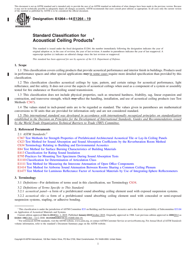 REDLINE ASTM E1264-19 - Standard Classification for Acoustical Ceiling Products