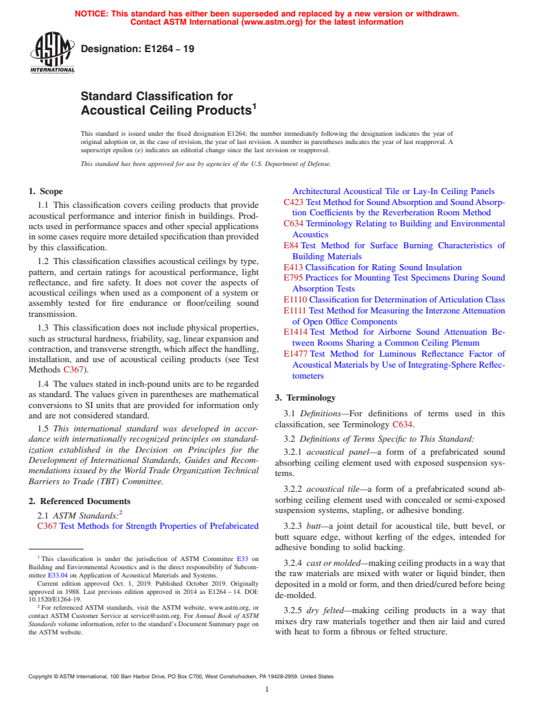 ASTM E1264-19 - Standard Classification for Acoustical Ceiling Products