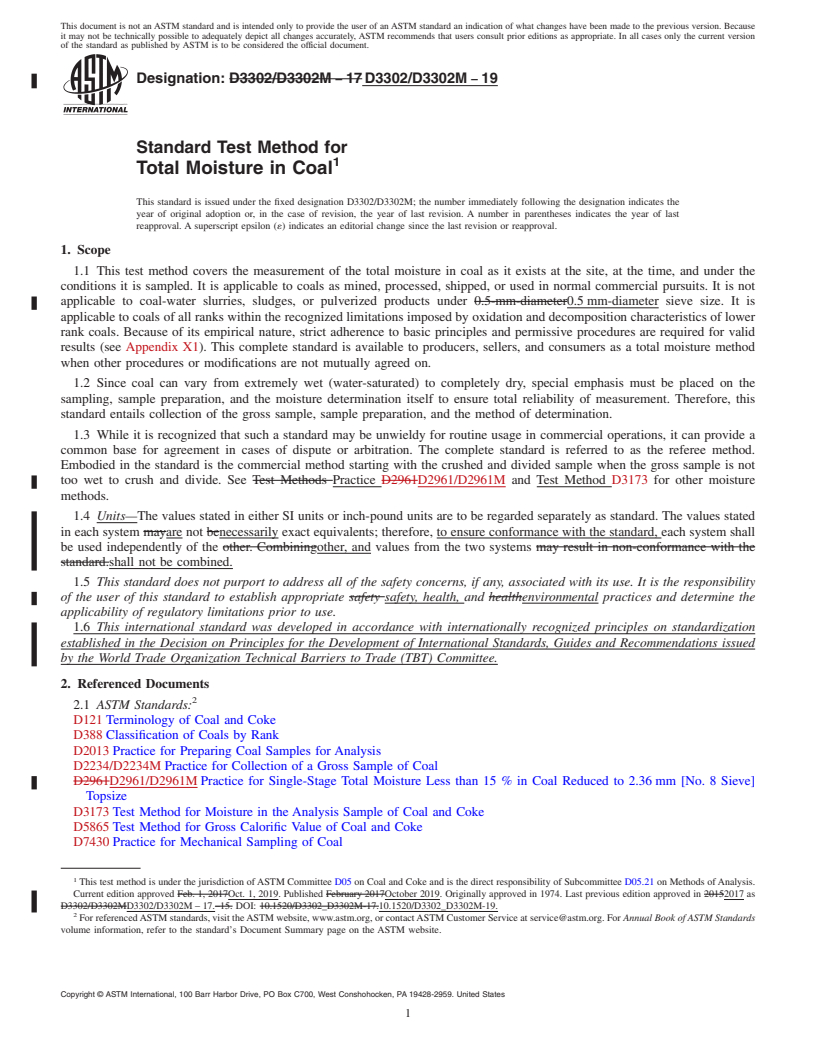 REDLINE ASTM D3302/D3302M-19 - Standard Test Method for  Total Moisture in Coal