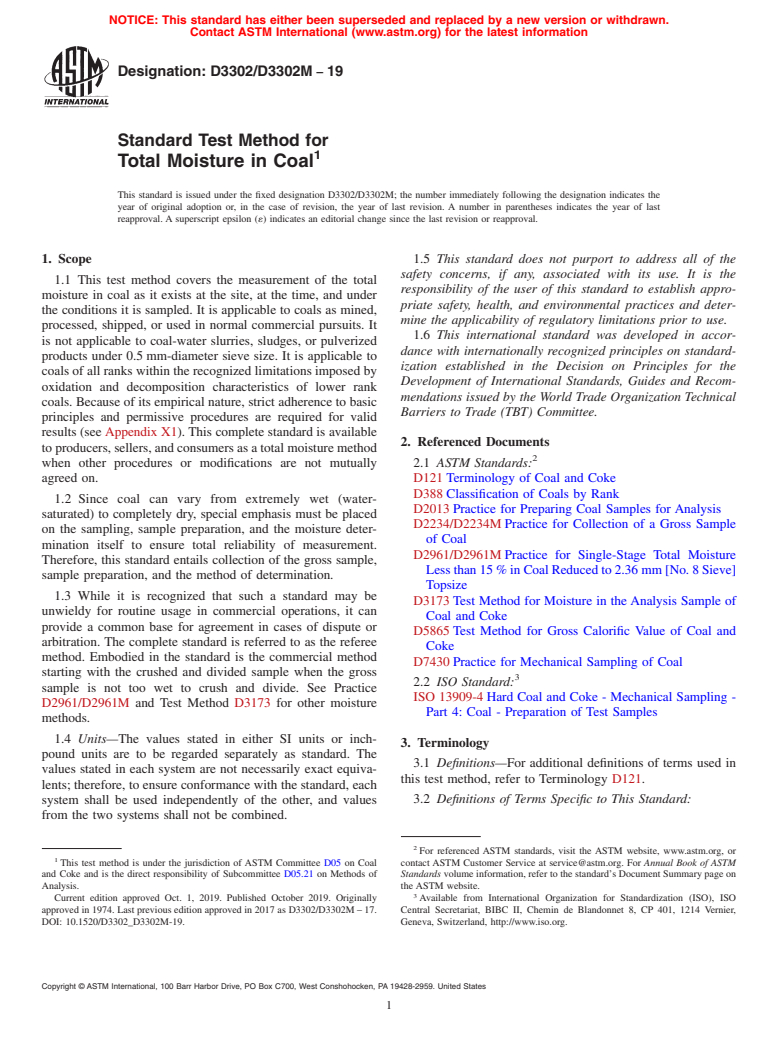 ASTM D3302/D3302M-19 - Standard Test Method for  Total Moisture in Coal