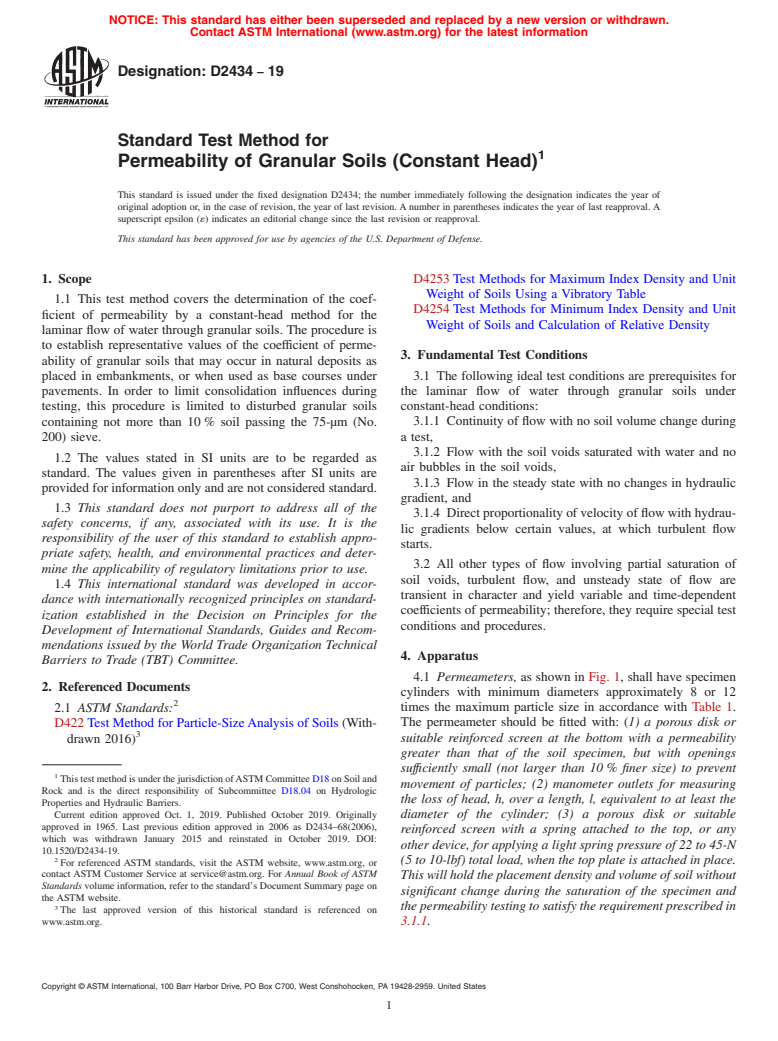 ASTM D2434-19 - Standard Test Method for Permeability of Granular Soils (Constant Head)