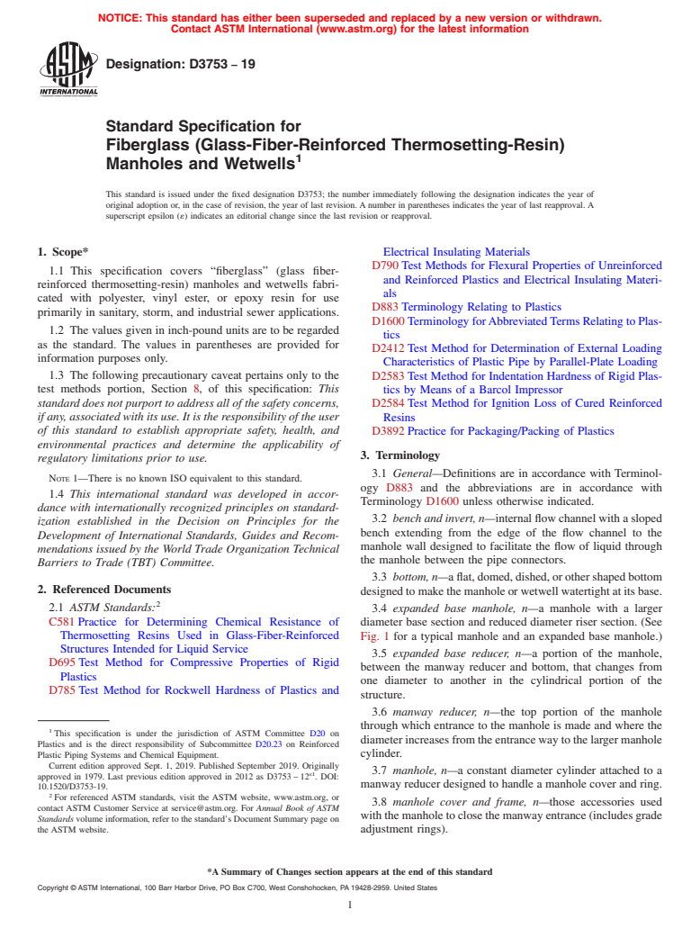 ASTM D3753-19 - Standard Specification for Fiberglass (Glass-Fiber-Reinforced Thermosetting-Resin) Manholes  and Wetwells