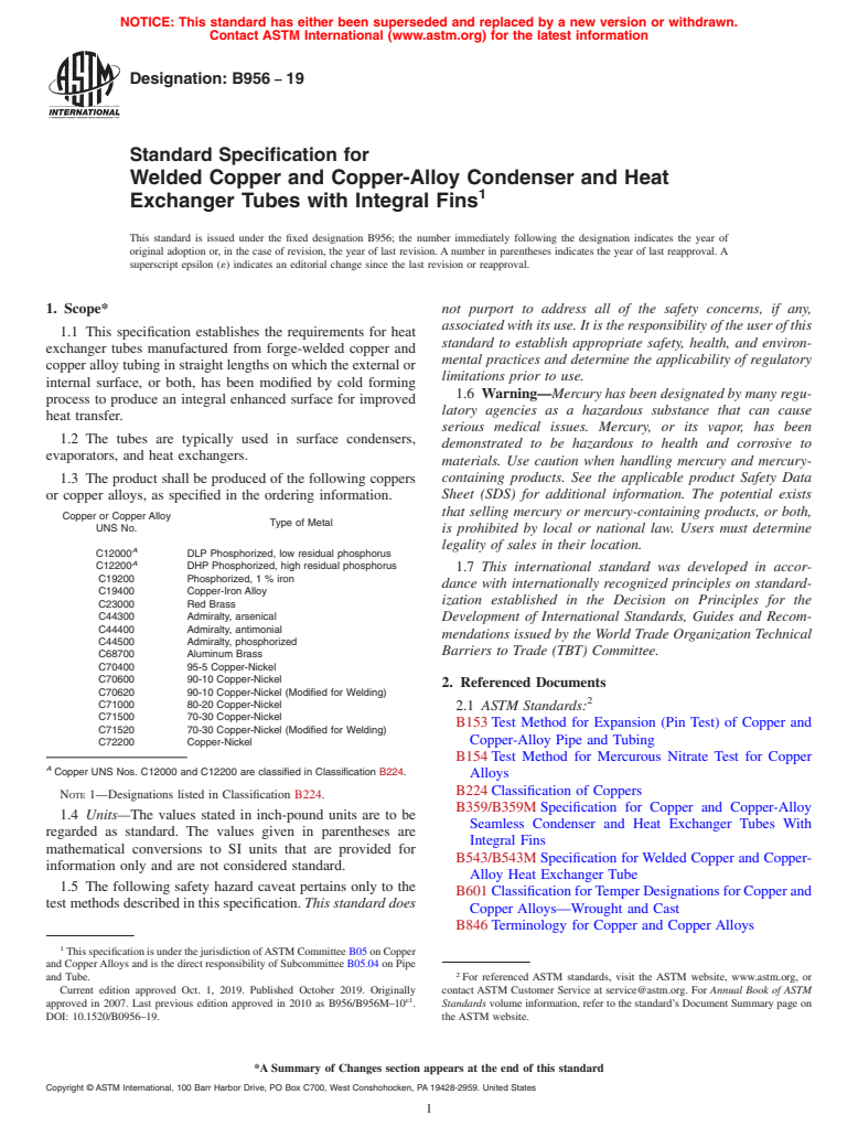 ASTM B956-19 - Standard Specification for Welded Copper and Copper-Alloy Condenser and Heat Exchanger  Tubes with Integral Fins