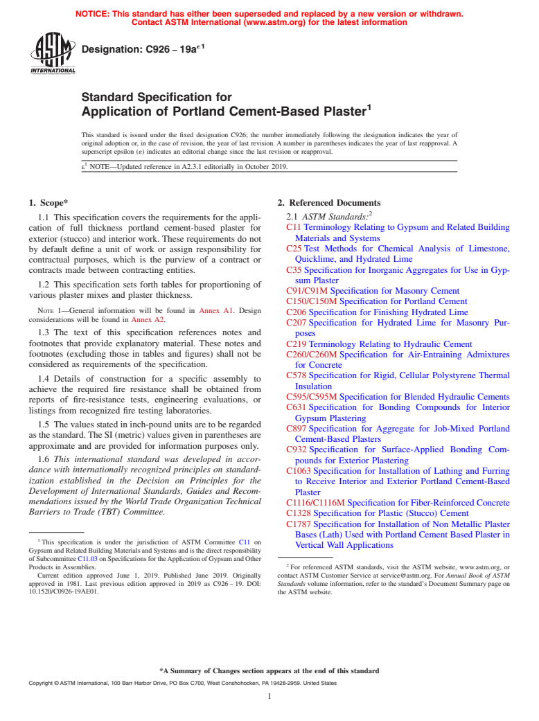 ASTM C926-19ae1 - Standard Specification for  Application of Portland Cement-Based Plaster