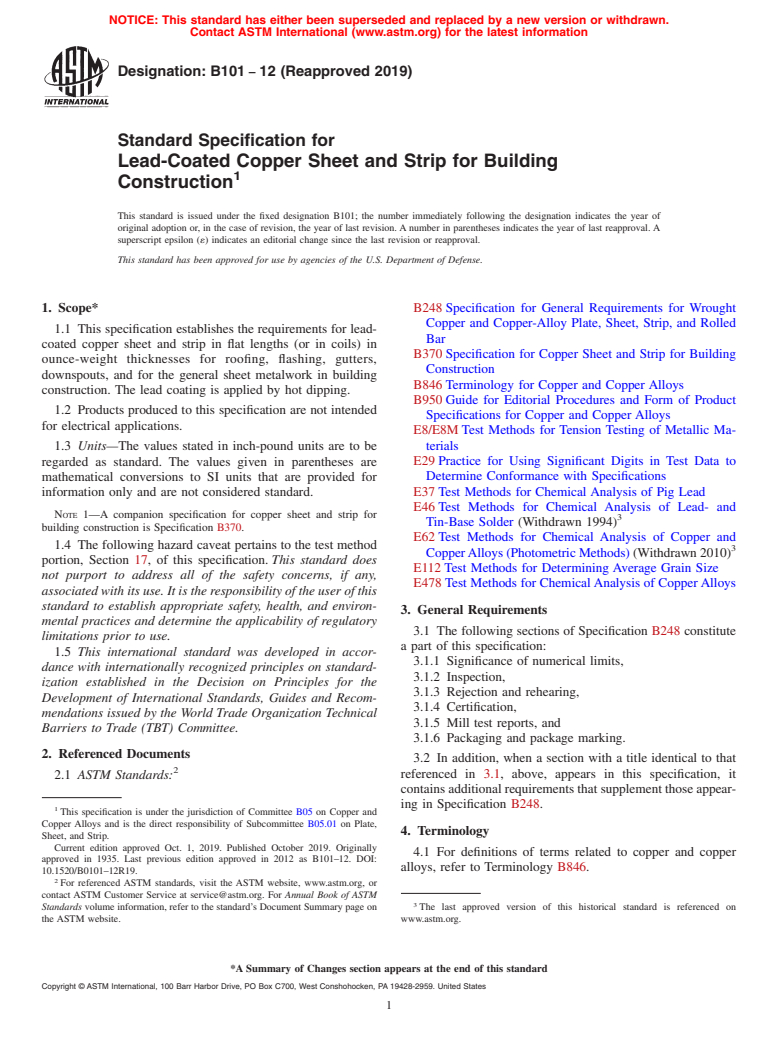 ASTM B101-12(2019) - Standard Specification for Lead-Coated Copper Sheet and Strip for Building Construction