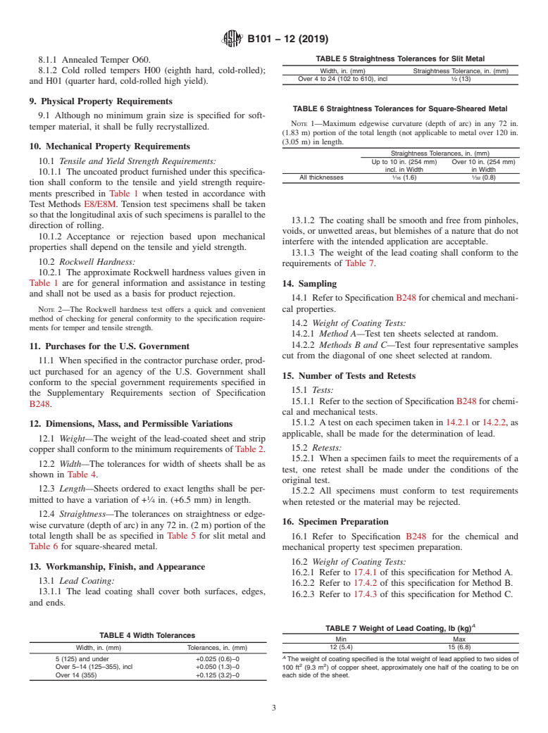 ASTM B101-12(2019) - Standard Specification for Lead-Coated Copper Sheet and Strip for Building Construction