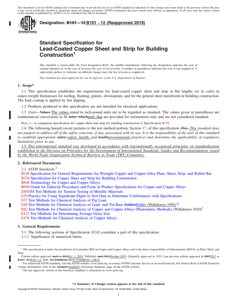 REDLINE ASTM B101-12(2019) - Standard Specification for Lead-Coated Copper Sheet and Strip for Building Construction