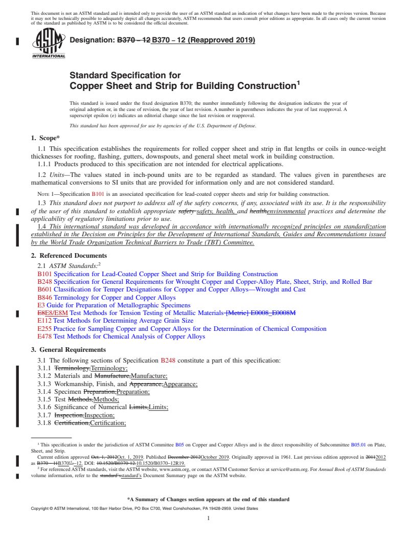 REDLINE ASTM B370-12(2019) - Standard Specification for Copper Sheet and Strip for Building Construction