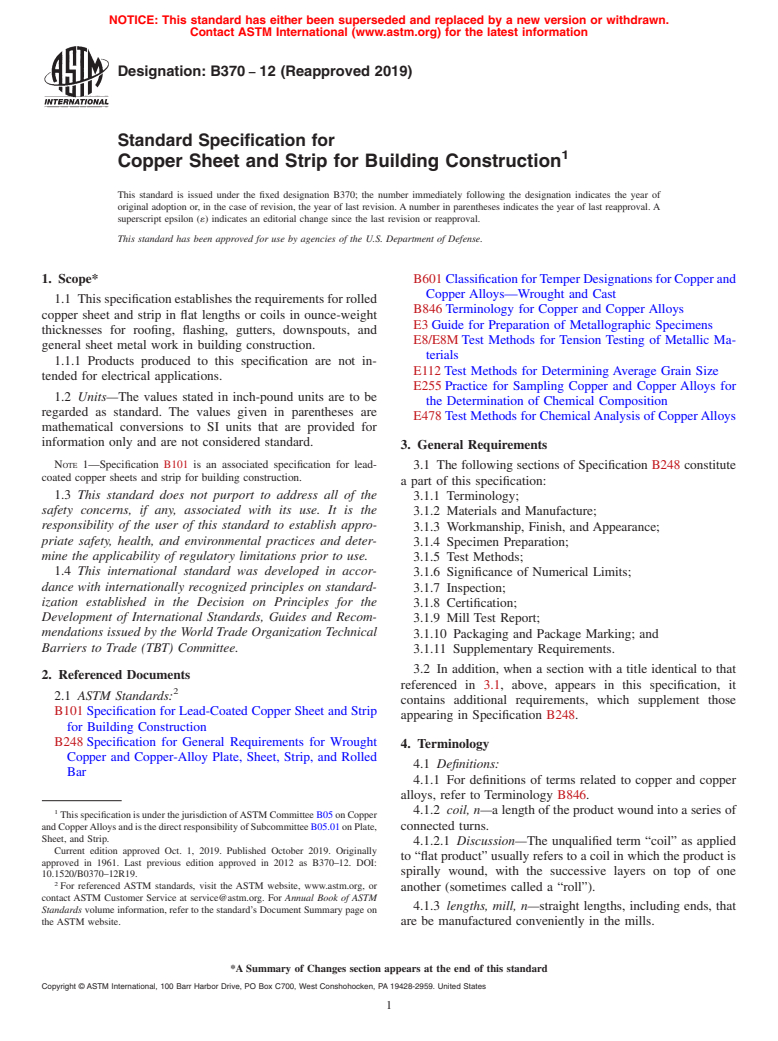 ASTM B370-12(2019) - Standard Specification for Copper Sheet and Strip for Building Construction