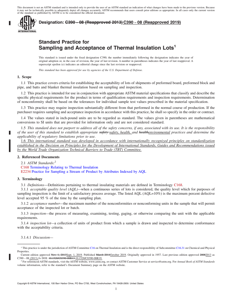 REDLINE ASTM C390-08(2019) - Standard Practice for  Sampling and Acceptance of Thermal Insulation Lots