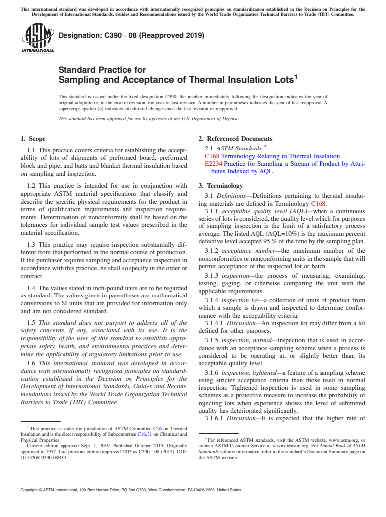 ASTM C390-08(2019) - Standard Practice for  Sampling and Acceptance of Thermal Insulation Lots