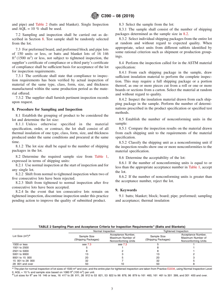 ASTM C390-08(2019) - Standard Practice for  Sampling and Acceptance of Thermal Insulation Lots