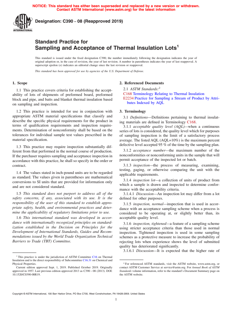 ASTM C390-08(2019) - Standard Practice for  Sampling and Acceptance of Thermal Insulation Lots