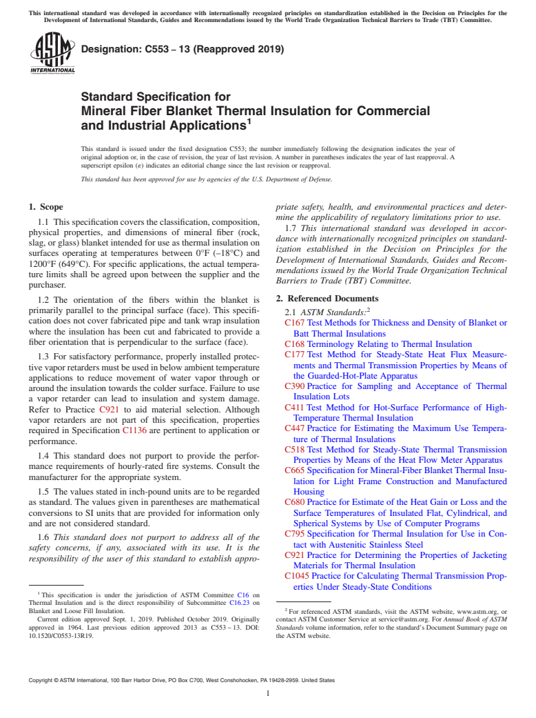 ASTM C553-13(2019) - Standard Specification for  Mineral Fiber Blanket Thermal Insulation for Commercial and  Industrial Applications
