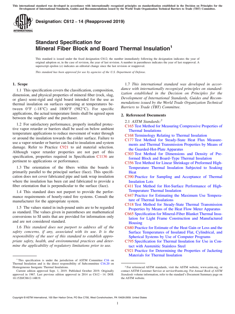 ASTM C612-14(2019) - Standard Specification for  Mineral Fiber Block and Board Thermal Insulation