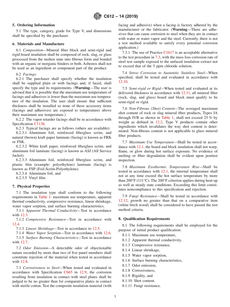 ASTM C612-14(2019) - Standard Specification for  Mineral Fiber Block and Board Thermal Insulation