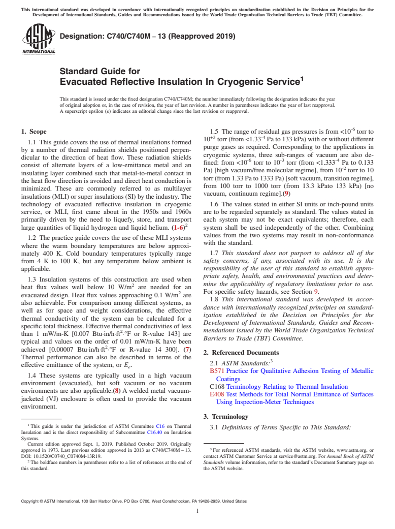 ASTM C740/C740M-13(2019) - Standard Guide for Evacuated Reflective Insulation In Cryogenic Service