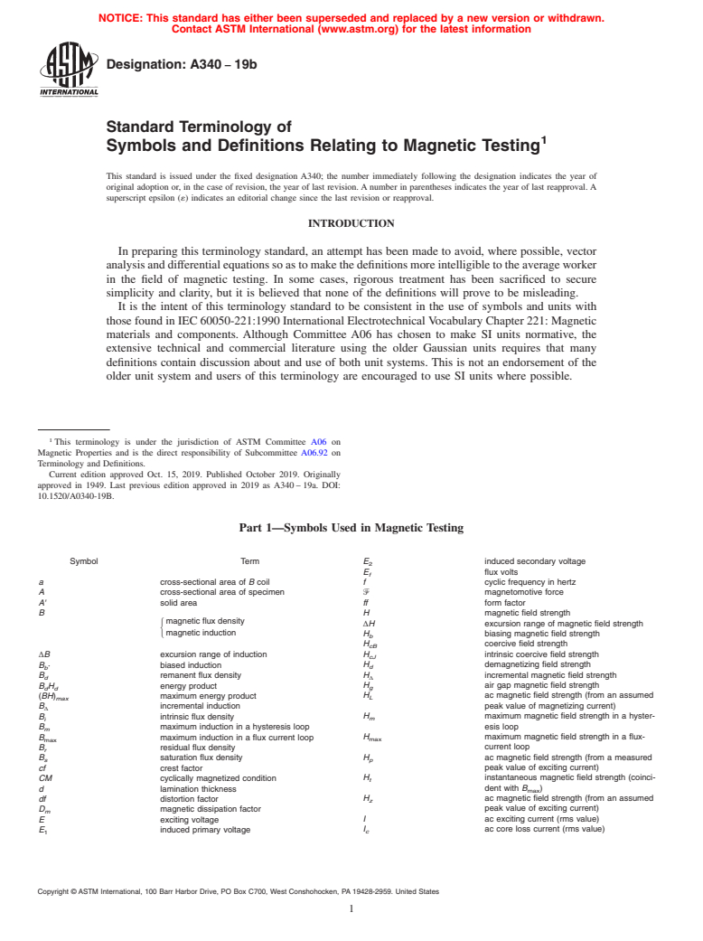 ASTM A340-19b - Standard Terminology of Symbols and Definitions Relating to Magnetic Testing
