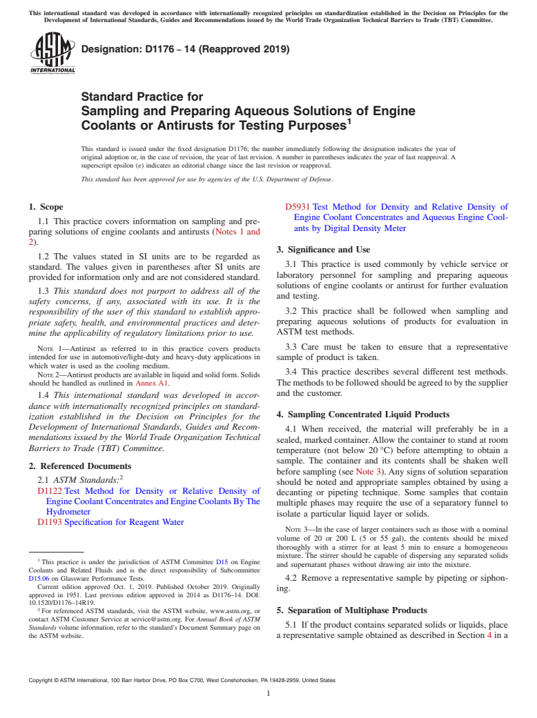 ASTM D1176-14(2019) - Standard Practice for Sampling and Preparing Aqueous Solutions of Engine Coolants  or Antirusts for Testing Purposes