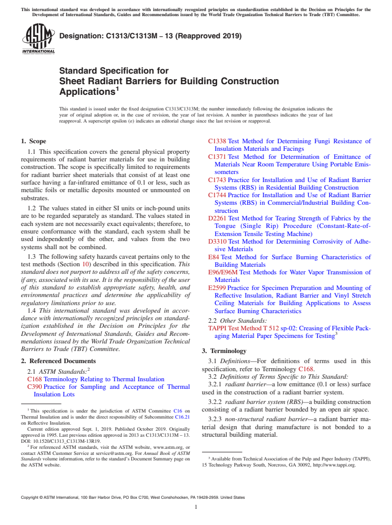 ASTM C1313/C1313M-13(2019) - Standard Specification for  Sheet Radiant Barriers for Building Construction Applications