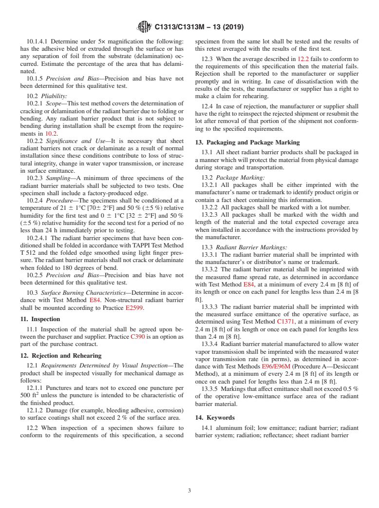 ASTM C1313/C1313M-13(2019) - Standard Specification for  Sheet Radiant Barriers for Building Construction Applications