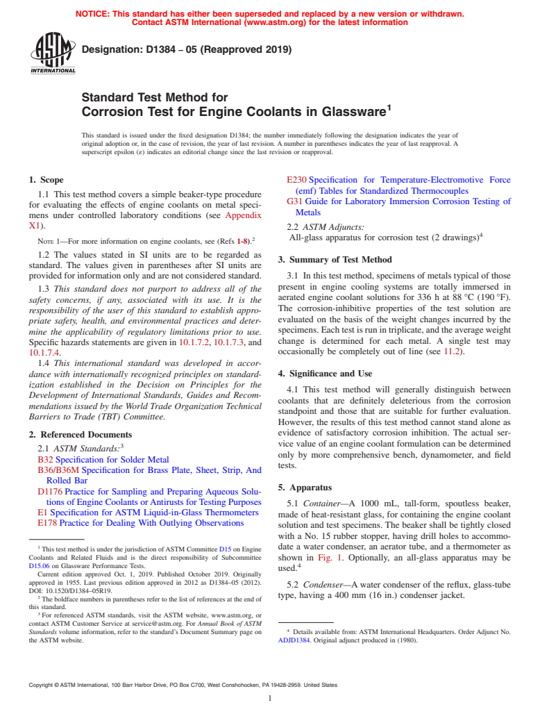 ASTM D1384-05(2019) - Standard Test Method for Corrosion Test for Engine Coolants in Glassware