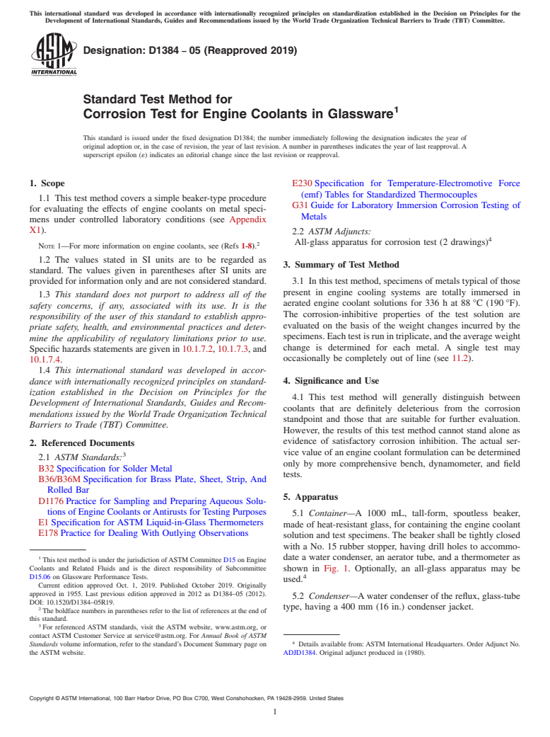 ASTM D1384-05(2019) - Standard Test Method for Corrosion Test for Engine Coolants in Glassware