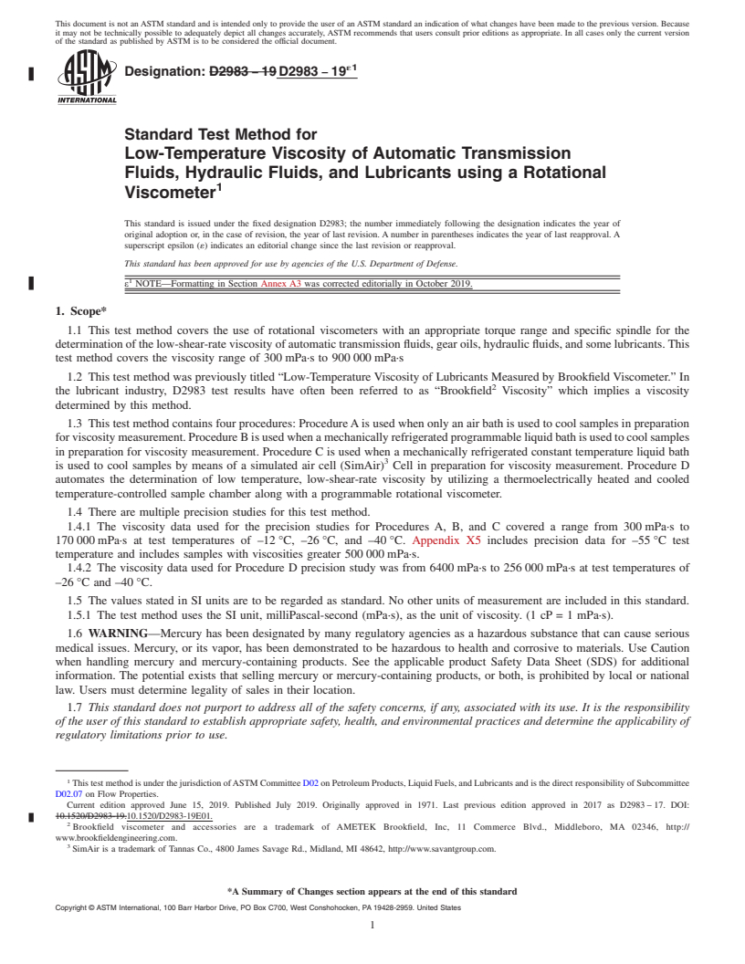 REDLINE ASTM D2983-19e1 - Standard Test Method for  Low-Temperature Viscosity of Automatic Transmission Fluids,  Hydraulic Fluids, and Lubricants using a Rotational Viscometer