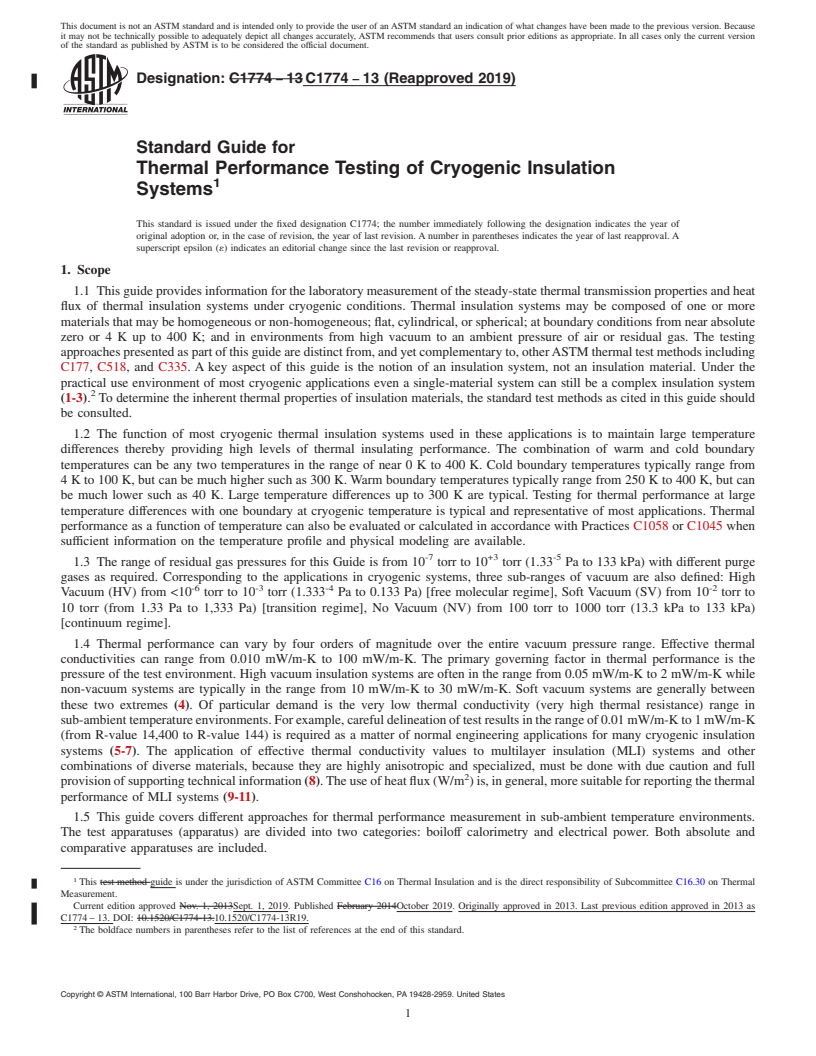 REDLINE ASTM C1774-13(2019) - Standard Guide for Thermal Performance Testing of Cryogenic Insulation Systems