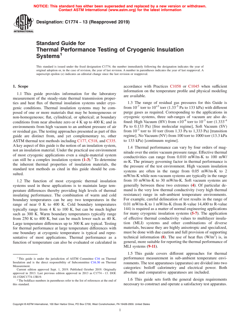 ASTM C1774-13(2019) - Standard Guide for Thermal Performance Testing of Cryogenic Insulation Systems
