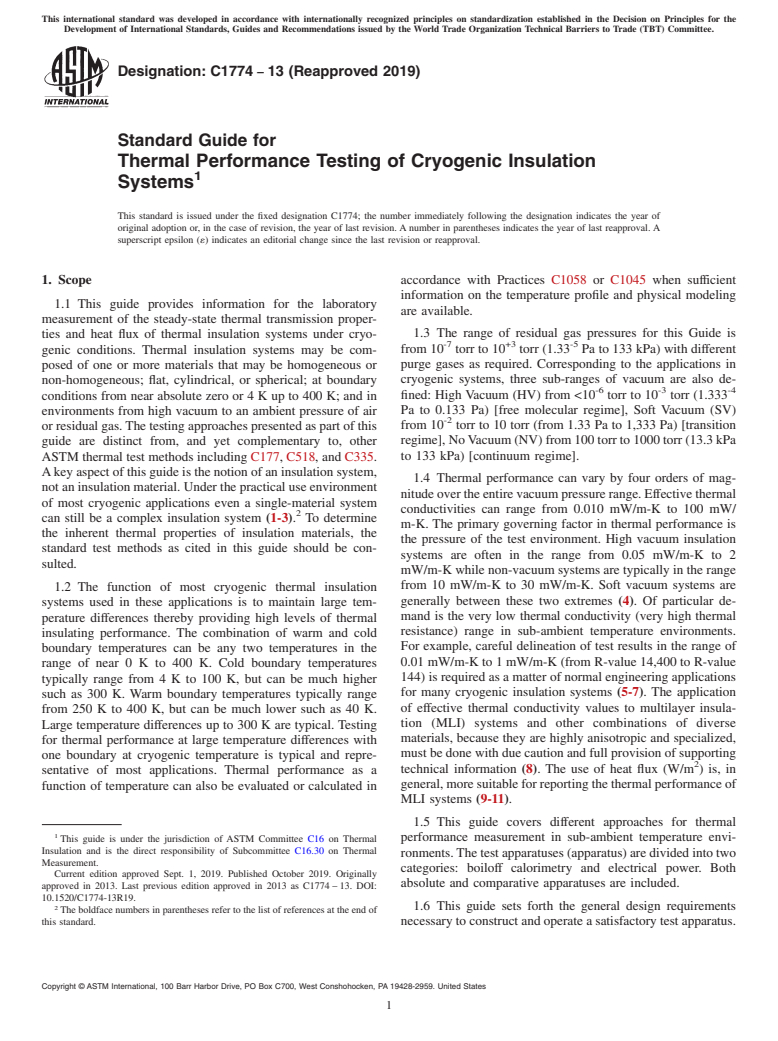ASTM C1774-13(2019) - Standard Guide for Thermal Performance Testing of Cryogenic Insulation Systems