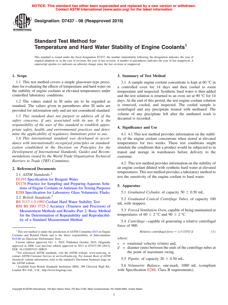 ASTM D7437-08(2019) - Standard Test Method for Temperature and Hard Water Stability of Engine Coolants