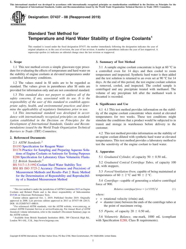 ASTM D7437-08(2019) - Standard Test Method for Temperature and Hard Water Stability of Engine Coolants