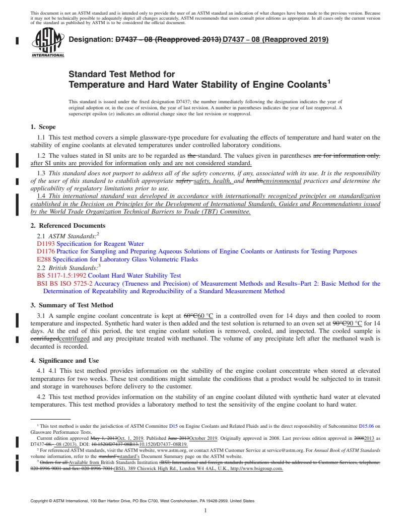 REDLINE ASTM D7437-08(2019) - Standard Test Method for Temperature and Hard Water Stability of Engine Coolants