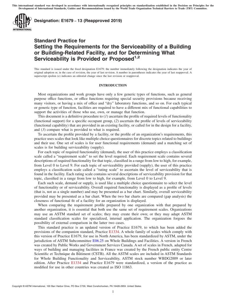 ASTM E1679-13(2019) - Standard Practice for Setting the Requirements for the Serviceability of a Building  or Building-Related Facility, and for Determining What Serviceability  is Provided or Proposed