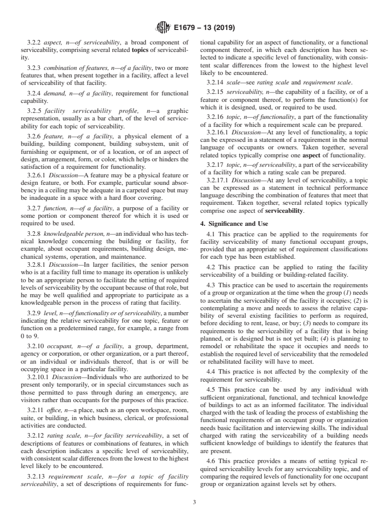 ASTM E1679-13(2019) - Standard Practice for Setting the Requirements for the Serviceability of a Building  or Building-Related Facility, and for Determining What Serviceability  is Provided or Proposed