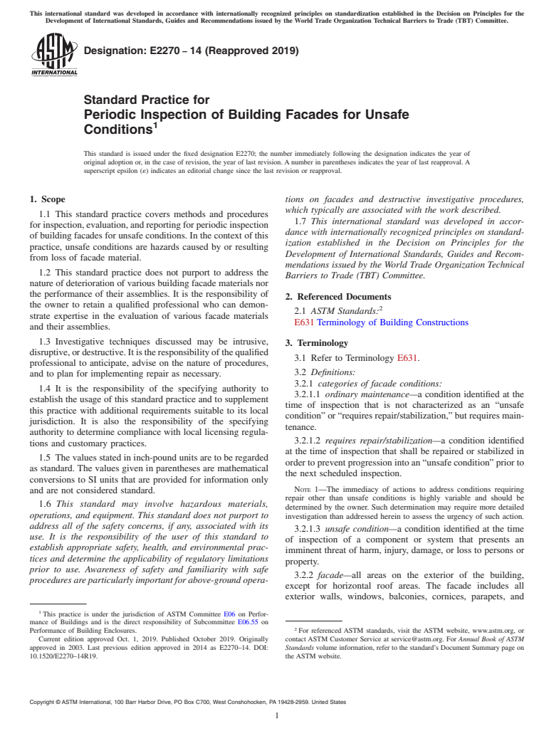 ASTM E2270-14(2019) - Standard Practice for Periodic Inspection of Building Facades for Unsafe Conditions